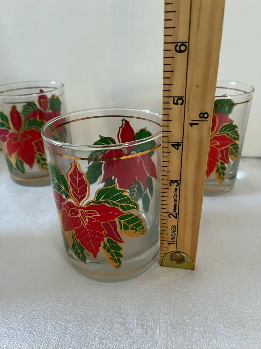 Culver Poinsettia Glass Tumbler - Red & Green Gold Trim Set of 4 Lowball